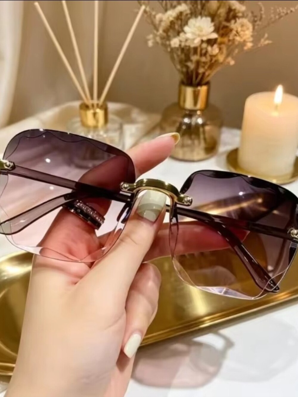 Women's Gradient Brown Rimless Fashion Sunglasses